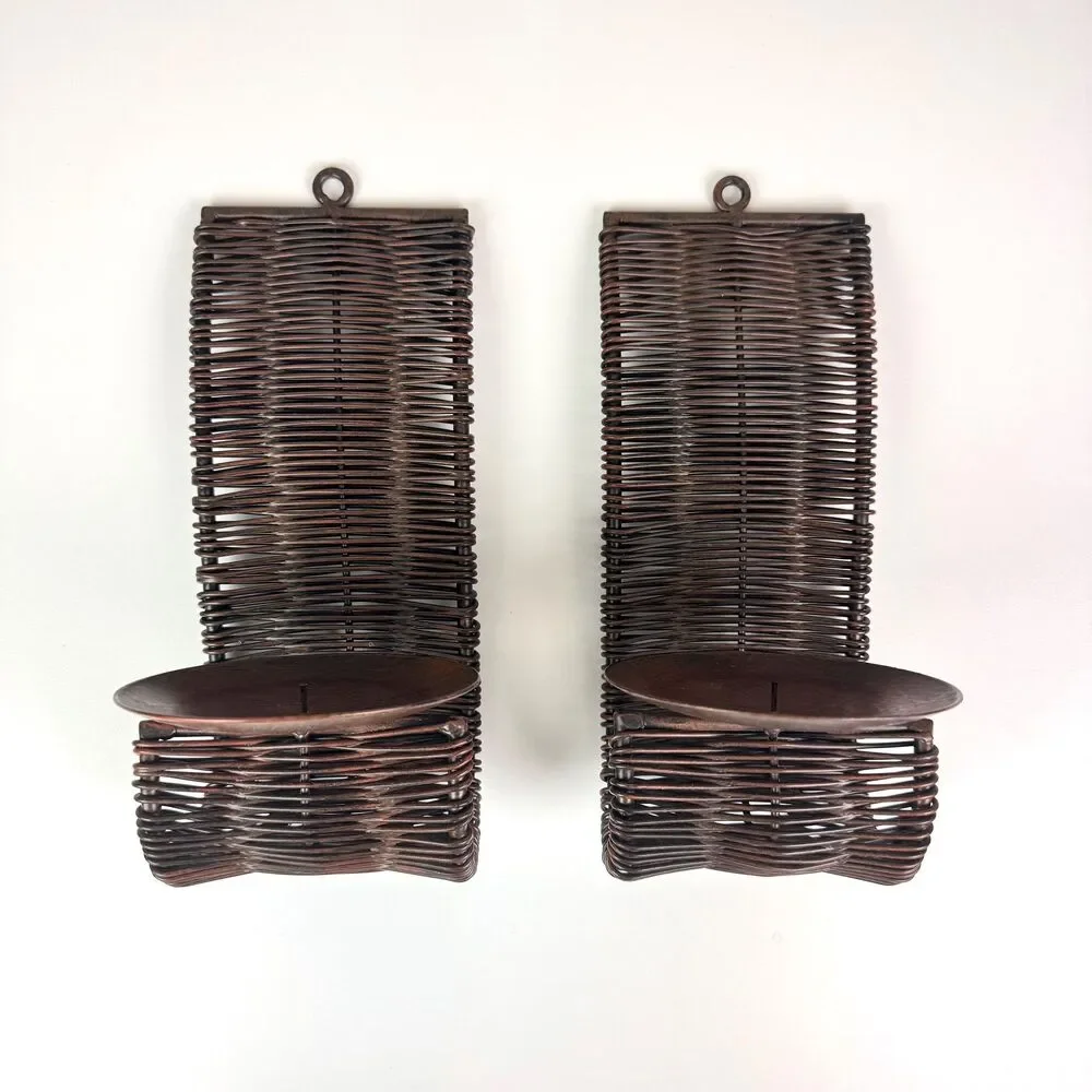 Vintage Pair of Woven Metal Candle Holder Wall Sconces / Rustic Brutalist Decor